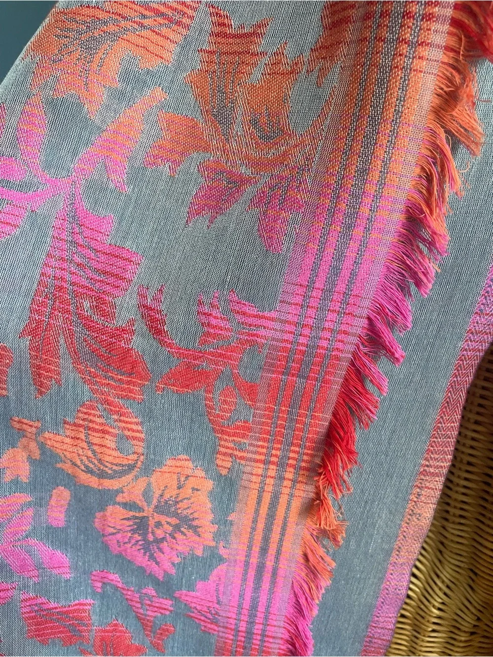J Jill Very Pretty Ombré Leaves Scarf Jacquard Pink Orange Grey Fringe